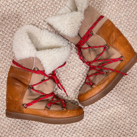 ISABEL MARANT nowly boots shearling snow winter wedge shoes tan red size 41/9.5 - Picture 1 of 4